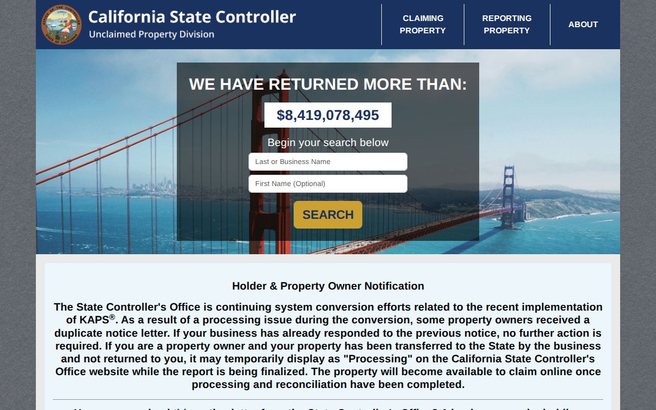 Yuba City resident lookup view of the California unclaimed property search
