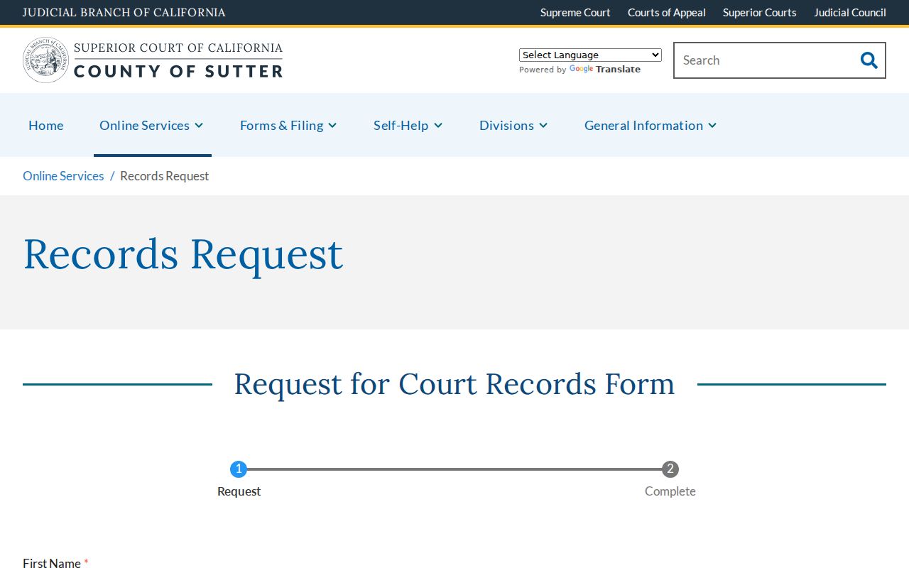 Yuba City resident lookup view of the Sutter Superior Court records request form