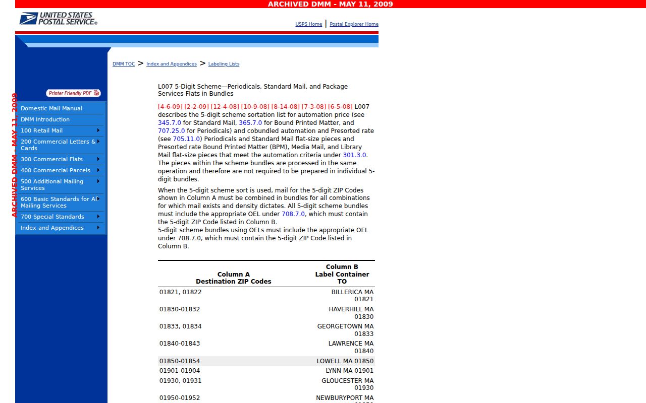 Yuba City ZIP code archived USPS L007 label list